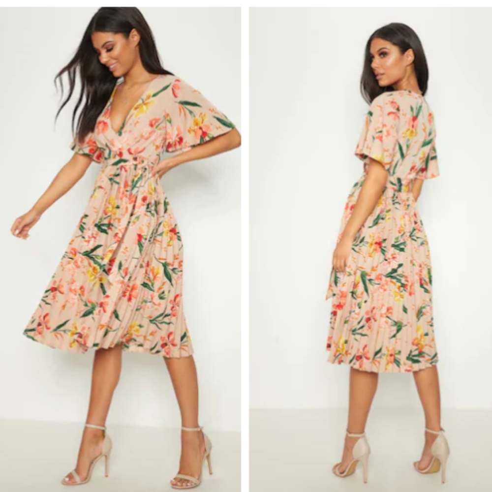 PRETTYLITTLETHING Pink Floral Pleated Midi Dress Size 10 NWT Pretty Little Thing
